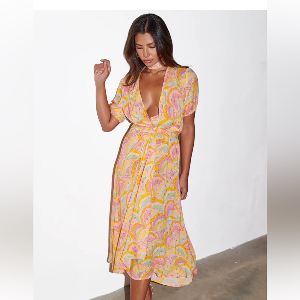 Never Fully Dressed Pink and Yellow Printed Wrap Midi Dress
